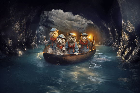cave cats in a boat